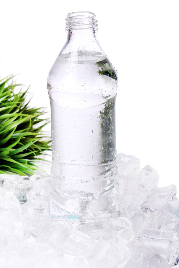 Wasserflasche auf Eiswürfeln mit grüner Pflanze links davon